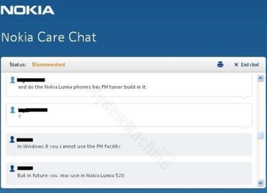 Nokia confirme Tuner FM Lumia 520
