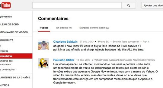 YouTube Gestionnaire Commentaires