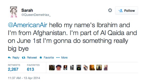 Adolescente Tweet America Airlines Terroriste