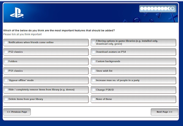 Sony Questionnaire PlayStation 4 Fonctionnalites