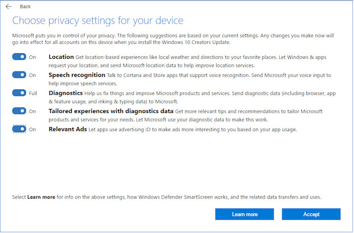 Windows 10 Creator Update Donnees Collectees