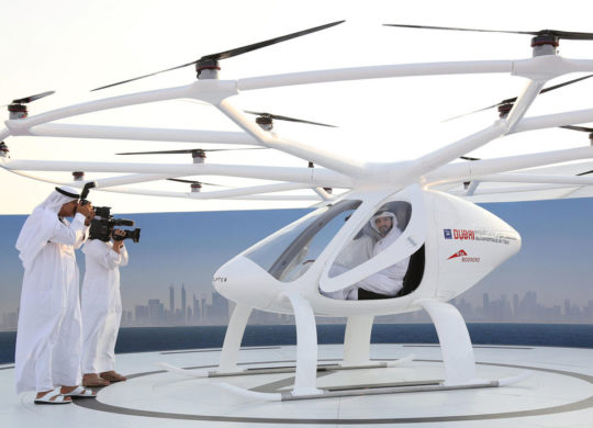 Dubai Crown Prince Sheikh Hamdan bin Mohammed bin Rashid Al Maktoum is seen inside the flying taxi in Dubai