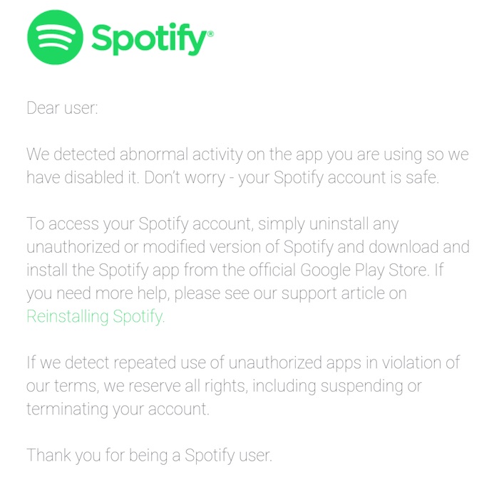 Spotify Appli Crackee Email Avertissement