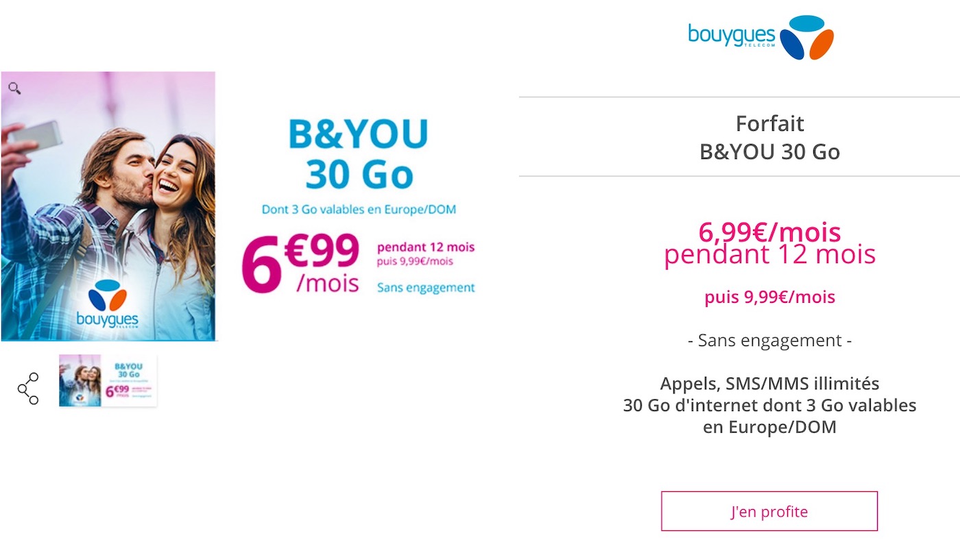 #Promo Bouygues Telecom : un forfait 30 Go à 6,99€/mois pendant un an ... — free download