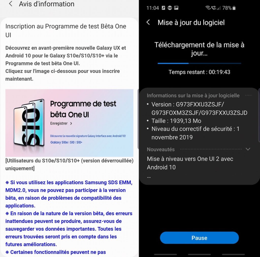Android 10 Beta Galaxy S10 France 1024x1009