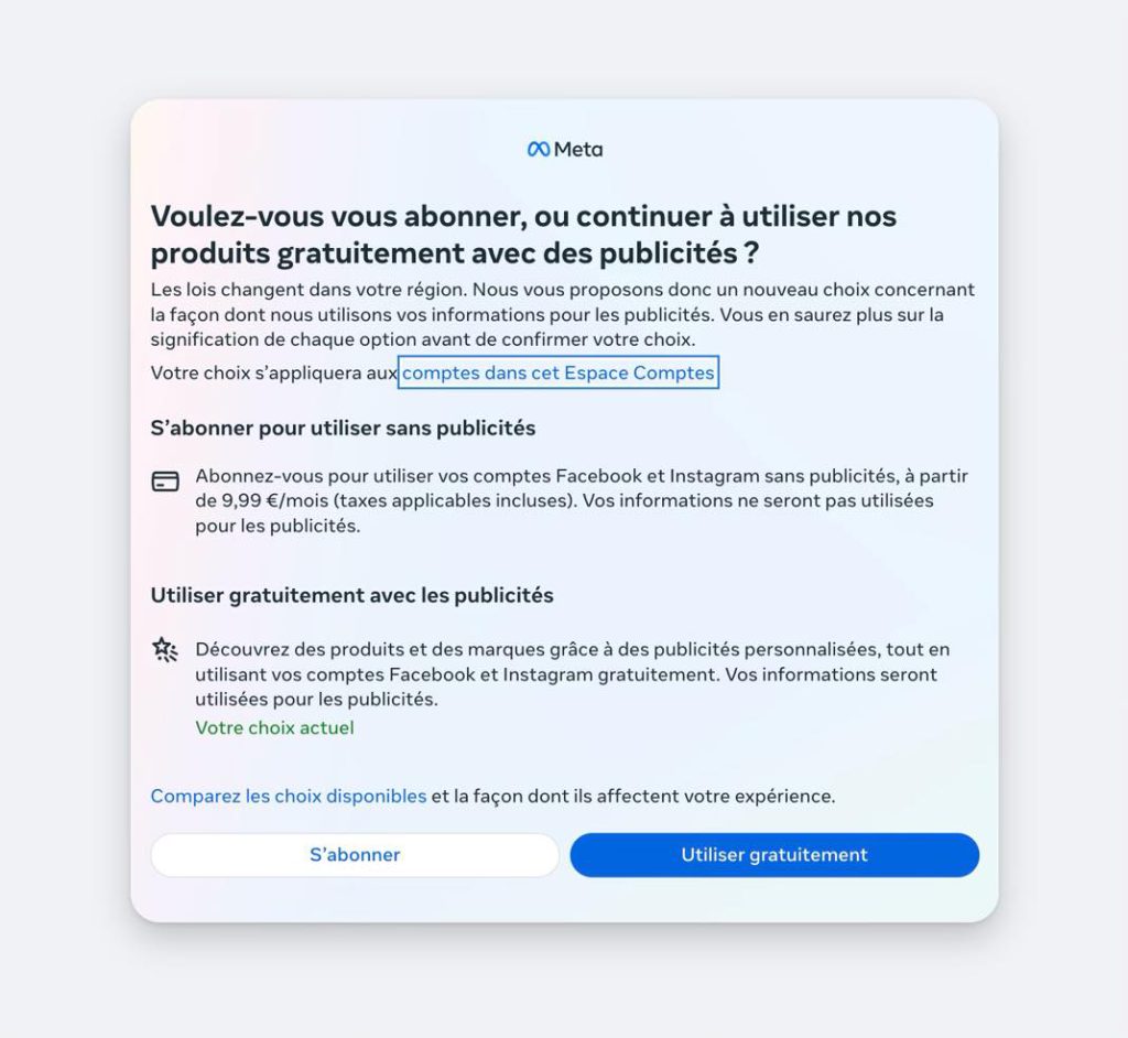 Meta : un abonnement payant sans pub pour Facebook et Instagram en Europe  🆕