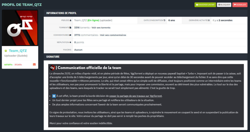 YGGTorrent Team QTZ Message Turbo