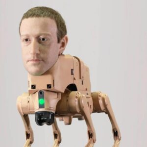 Image article À Miami, des robots-chiens aux visages de Musk et Zuckerberg « défèquent » des NFTs générés par IA