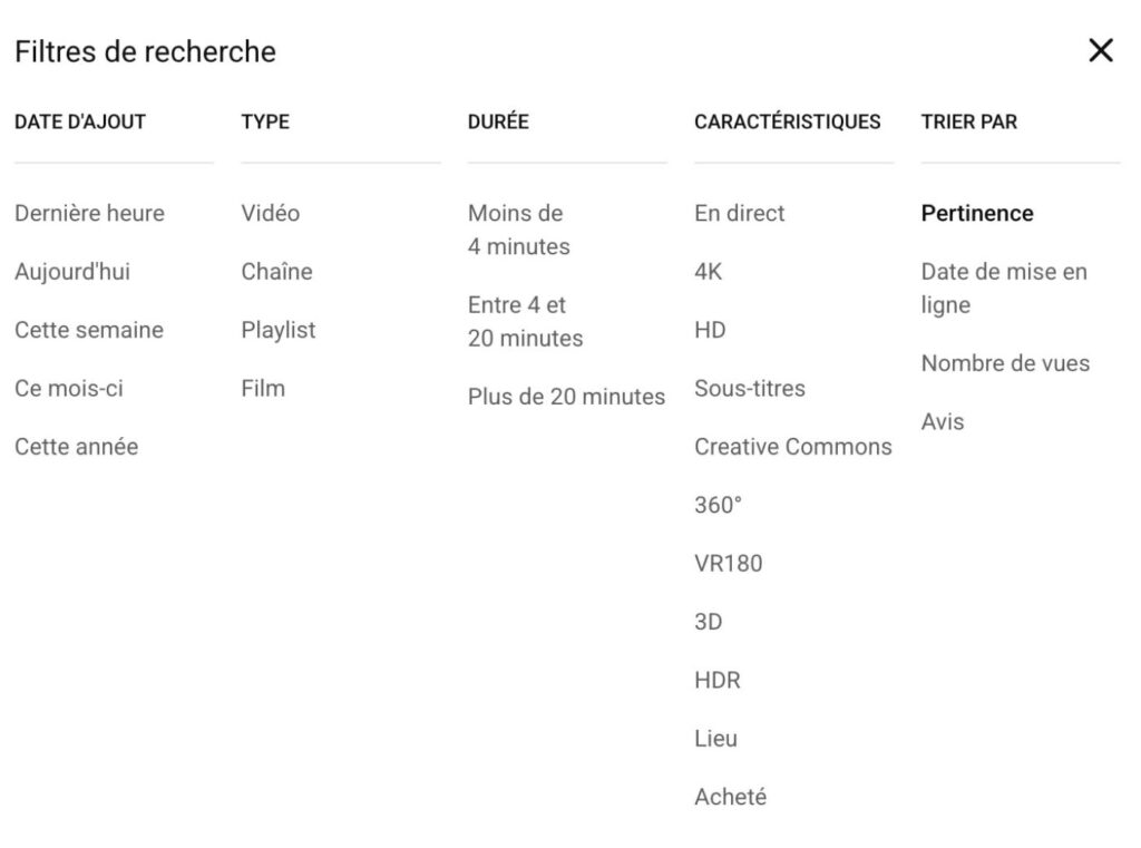 YouTube Anciens Filtres Recherche