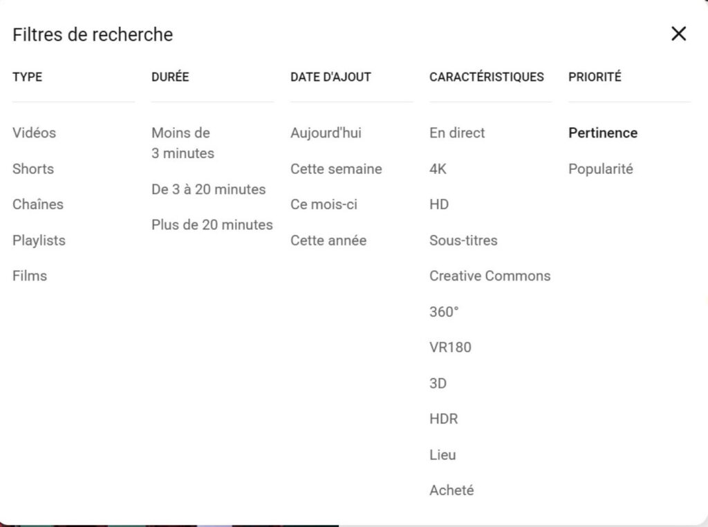 YouTube Nouveaux Filtres Recherche