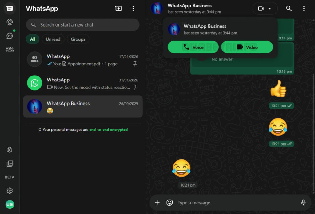 WhatsApp Web Appels Video Audio