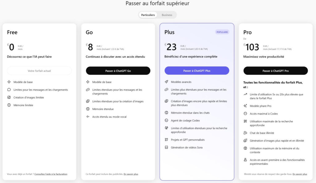ChatGPT Abonnements Prix Avril 2026