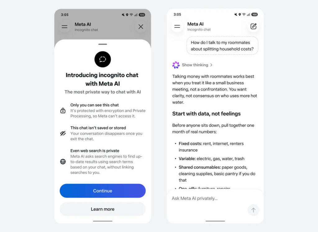 Meta AI Mode Prive Conversation