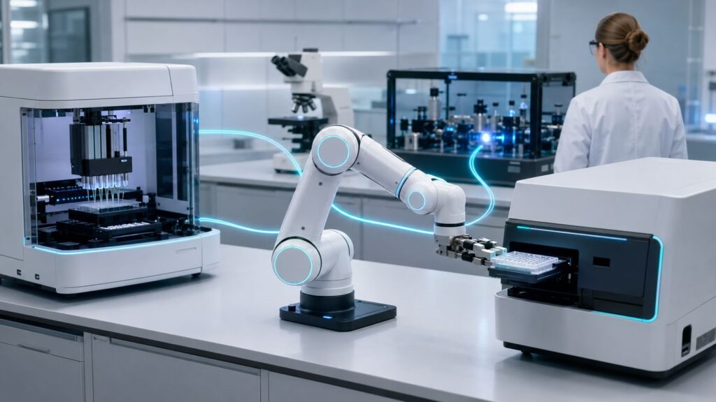 Bras robotique coordonnant des instruments dans un laboratoire