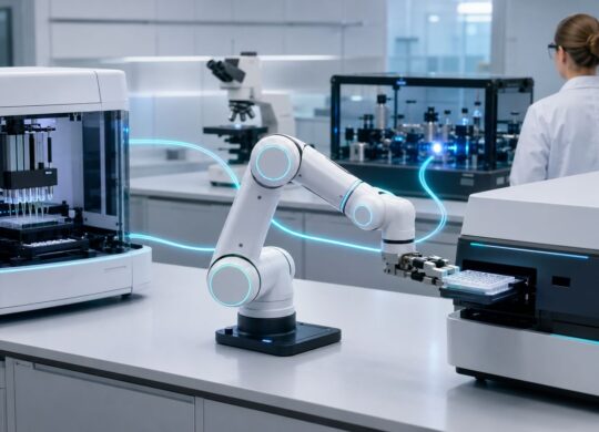 Bras robotique coordonnant des instruments dans un laboratoire