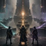 Trois combattants face à une tour et des plateformes flottantes