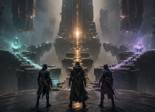Trois combattants face à une tour et des plateformes flottantes