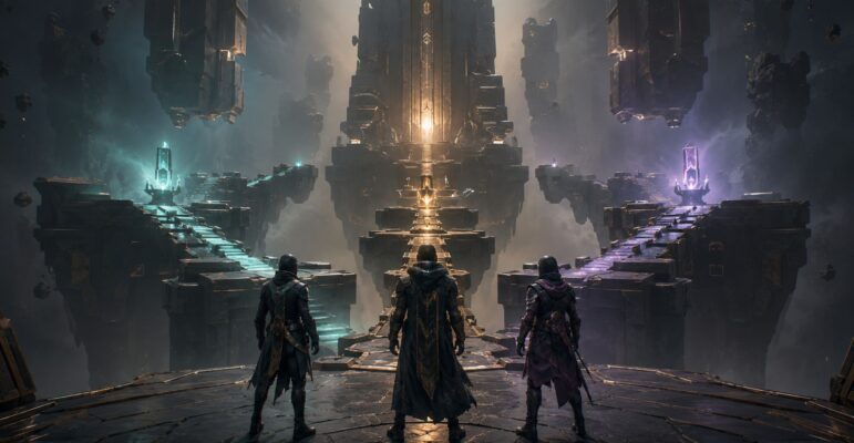 Trois combattants face à une tour et des plateformes flottantes