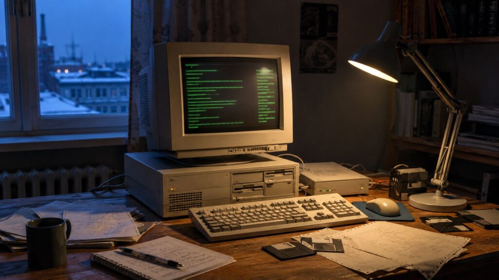 Ordinateur personnel 386 dans une chambre d'étudiant en 1991