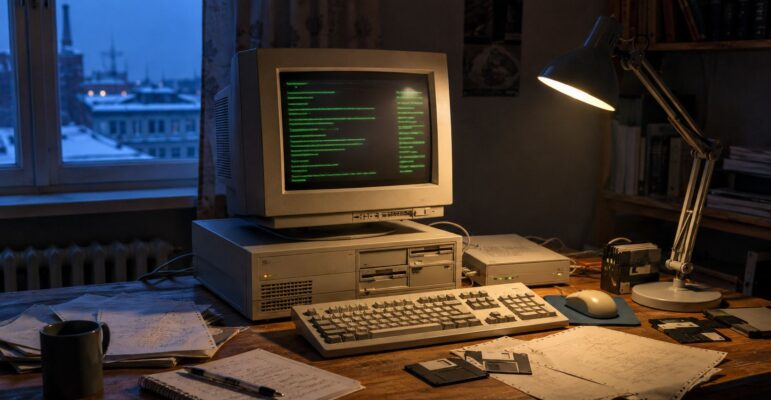 Ordinateur personnel 386 dans une chambre d’étudiant en 1991