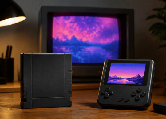 Cartouche rétro vierge et console portable devant un écran cathodique