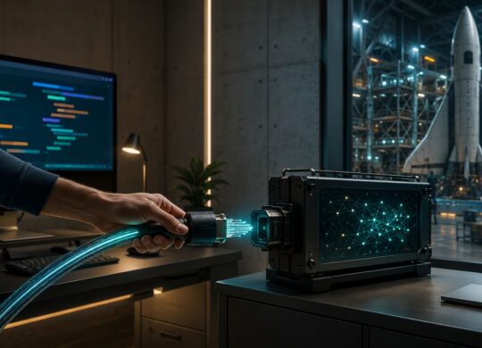 Connexion à un module d’IA débranchée devant un poste de code et un hangar spatial