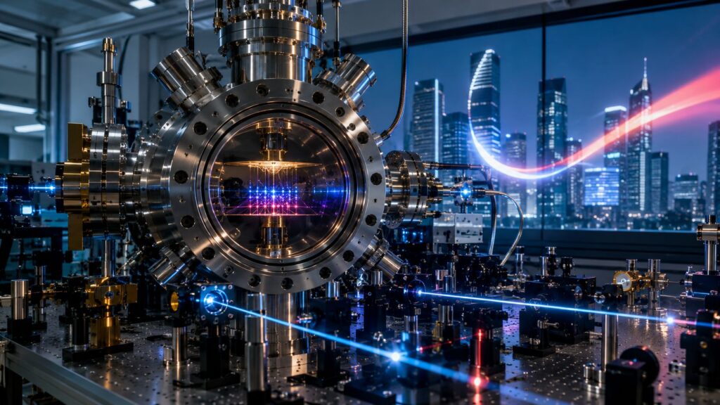 Processeur quantique &agrave; atomes neutres dans un laboratoire, avec un quartier financier en arri&egrave;re-plan