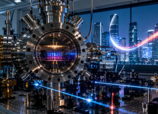 Processeur quantique à atomes neutres dans un laboratoire, avec un quartier financier en arrière-plan