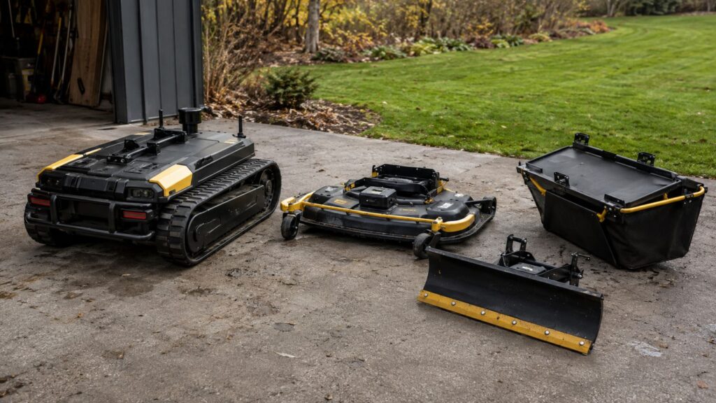 Base robotique sur chenilles entour&eacute;e de modules de jardin