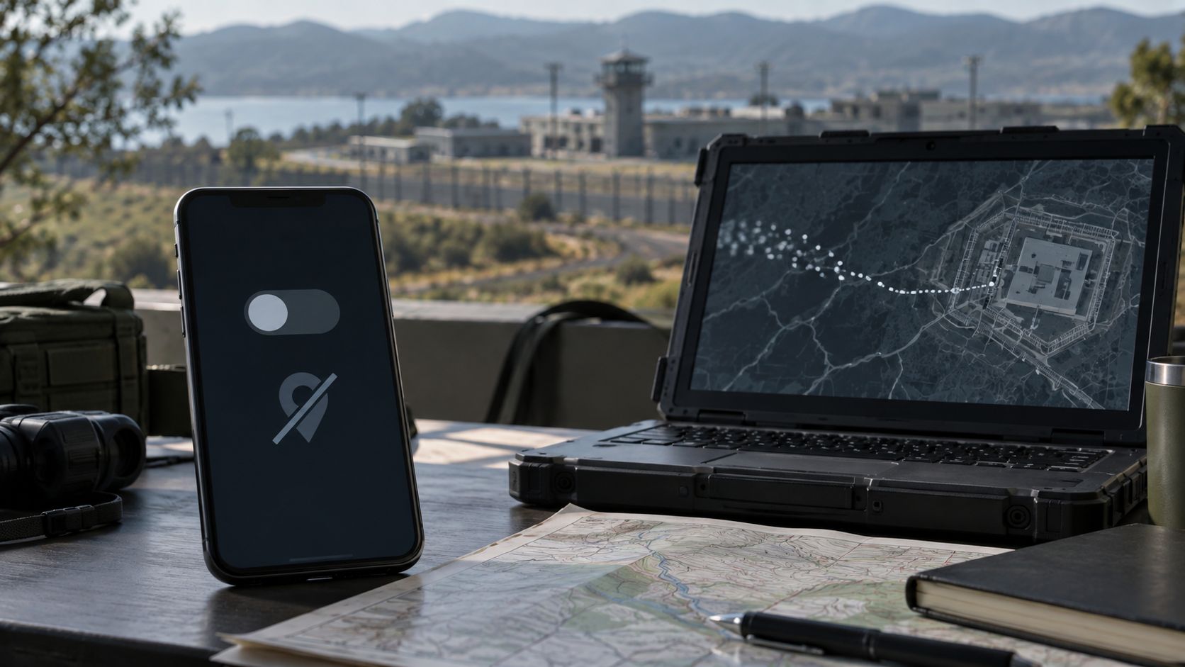 Un smartphone et un ordinateur militaires dont le suivi g&eacute;ographique est d&eacute;sactiv&eacute;.