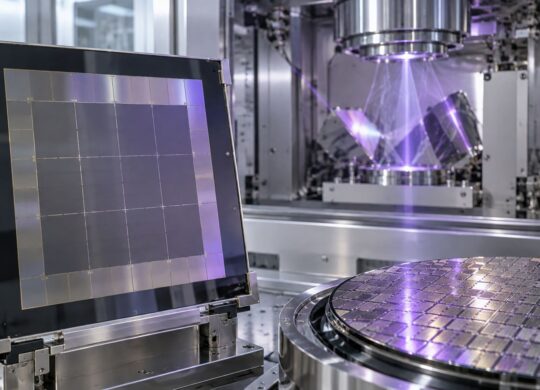 Un grand photomasque et une plaquette de silicium dans une installation de lithographie générique.