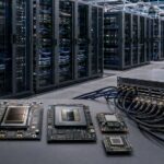 Accélérateurs d’intelligence artificielle reliés à des équipements réseau dans un data center.