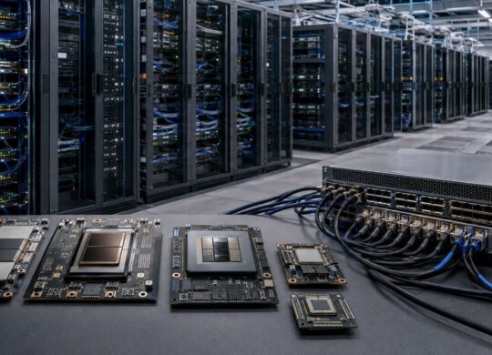 Accélérateurs d’intelligence artificielle reliés à des équipements réseau dans un data center.