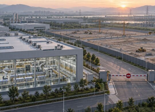 Une usine de cellules de batteries en activité devant des chantiers temporairement arrêtés.