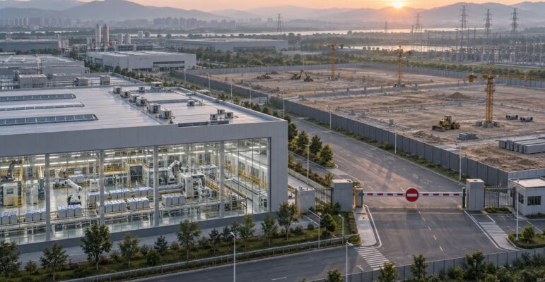 Une usine de cellules de batteries en activité devant des chantiers temporairement arrêtés.