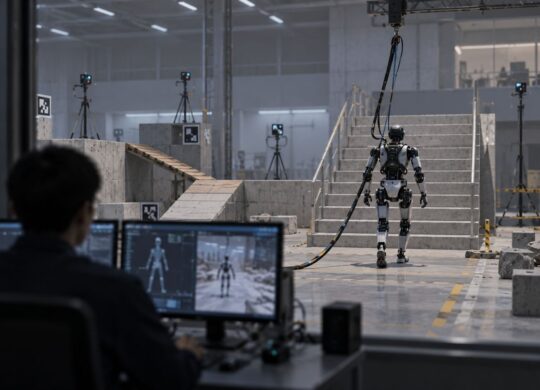 Un prototype humanoïde tetheré progresse dans un centre d’essai robotique.