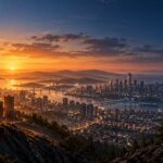 Ville moderne entre héritage industriel et lancement spatial au crépuscule