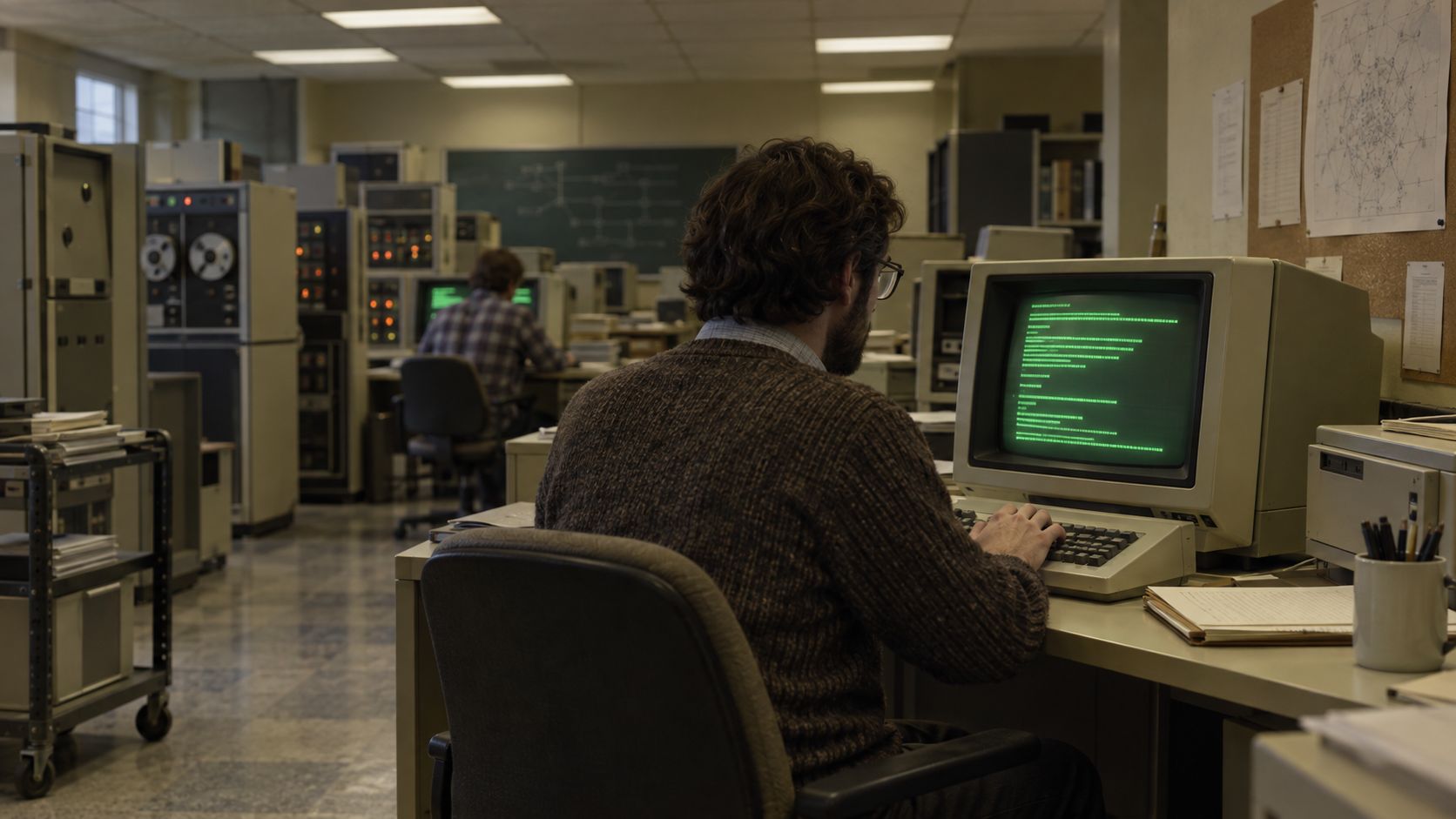Chercheur devant un terminal informatique universitaire au d&eacute;but des ann&eacute;es 1980