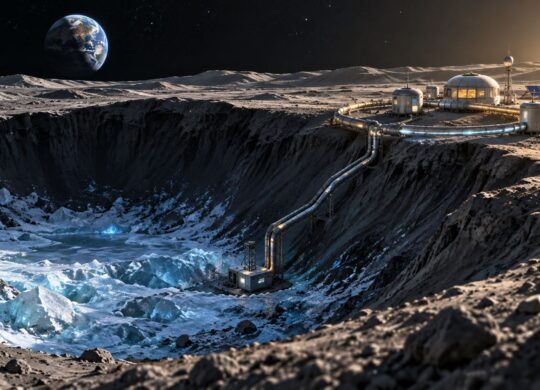 Illustration conceptuelle d’un habitat lunaire relié à la glace d’un cratère