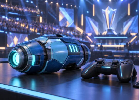 Illustration conceptuelle d’un canon de jeu vidéo bleu et d’une manette sur une scène de tournoi