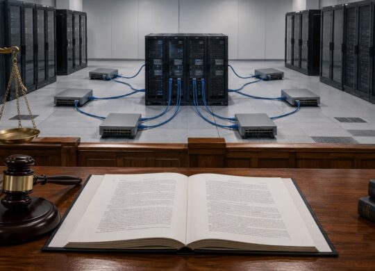 Décision de justice devant une infrastructure de publicité en ligne interconnectée.