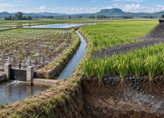Rizières brésiliennes combinant irrigation alternée et épandage de basalte