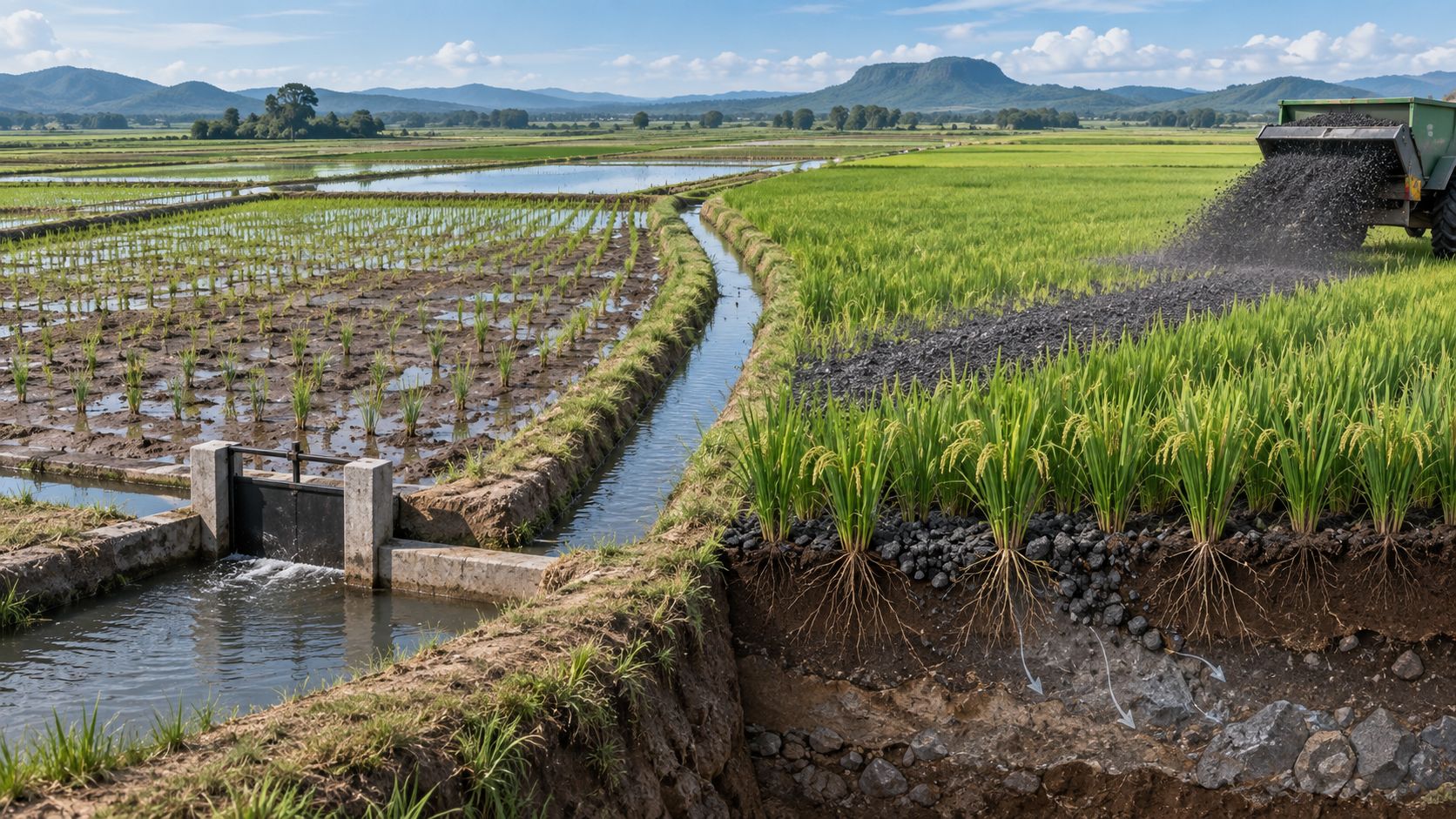 Rizières brésiliennes combinant irrigation alternée et épandage de basalte