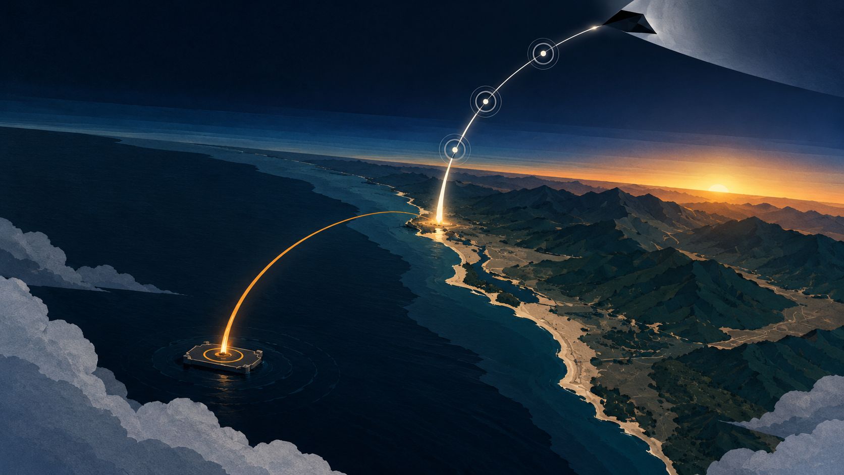 Illustration de la mission classifi&eacute;e USSF-385 et du retour du premier &eacute;tage en mer