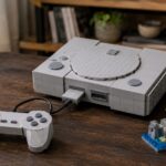 Console rétro générique et manette construites en briques sur une table.