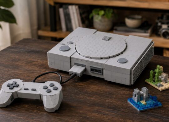 Console rétro générique et manette construites en briques sur une table.