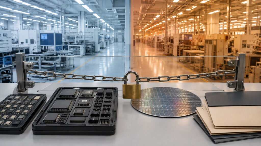 Composants &eacute;lectroniques et usine plac&eacute;s derri&egrave;re une barri&egrave;re verrouill&eacute;e.