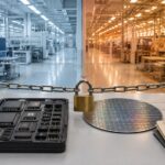 nexperia-gel-actifs-wingtech Composants électroniques et usine placés derrière une barrière verrouillée.