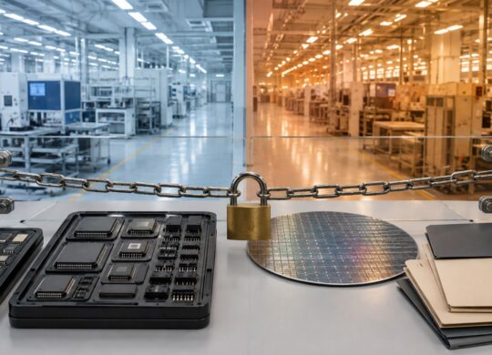 Composants électroniques et usine placés derrière une barrière verrouillée.