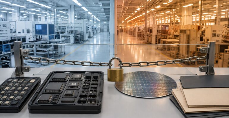 Composants électroniques et usine placés derrière une barrière verrouillée.